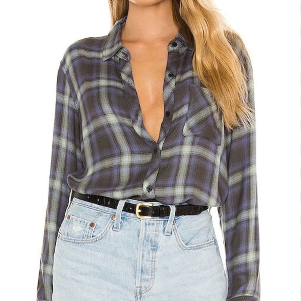 Rails Hunter Plaid Button Down Top Mint Ash Blue